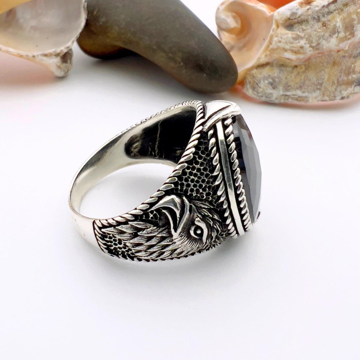 Eagle Detailed Men's Black Zircon Stone Silver Ring