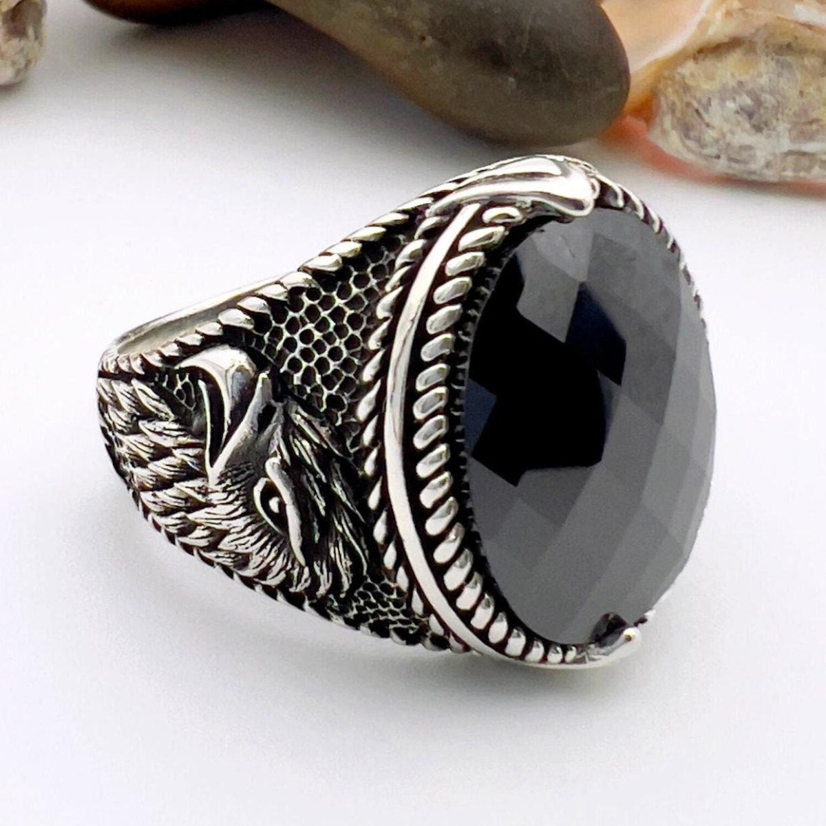 Eagle Detailed Men's Black Zircon Stone Silver Ring