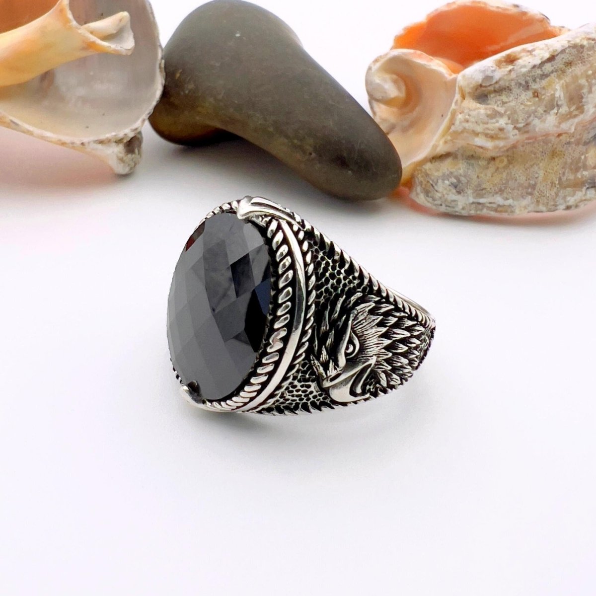 Eagle Detailed Men's Black Zircon Stone Silver Ring