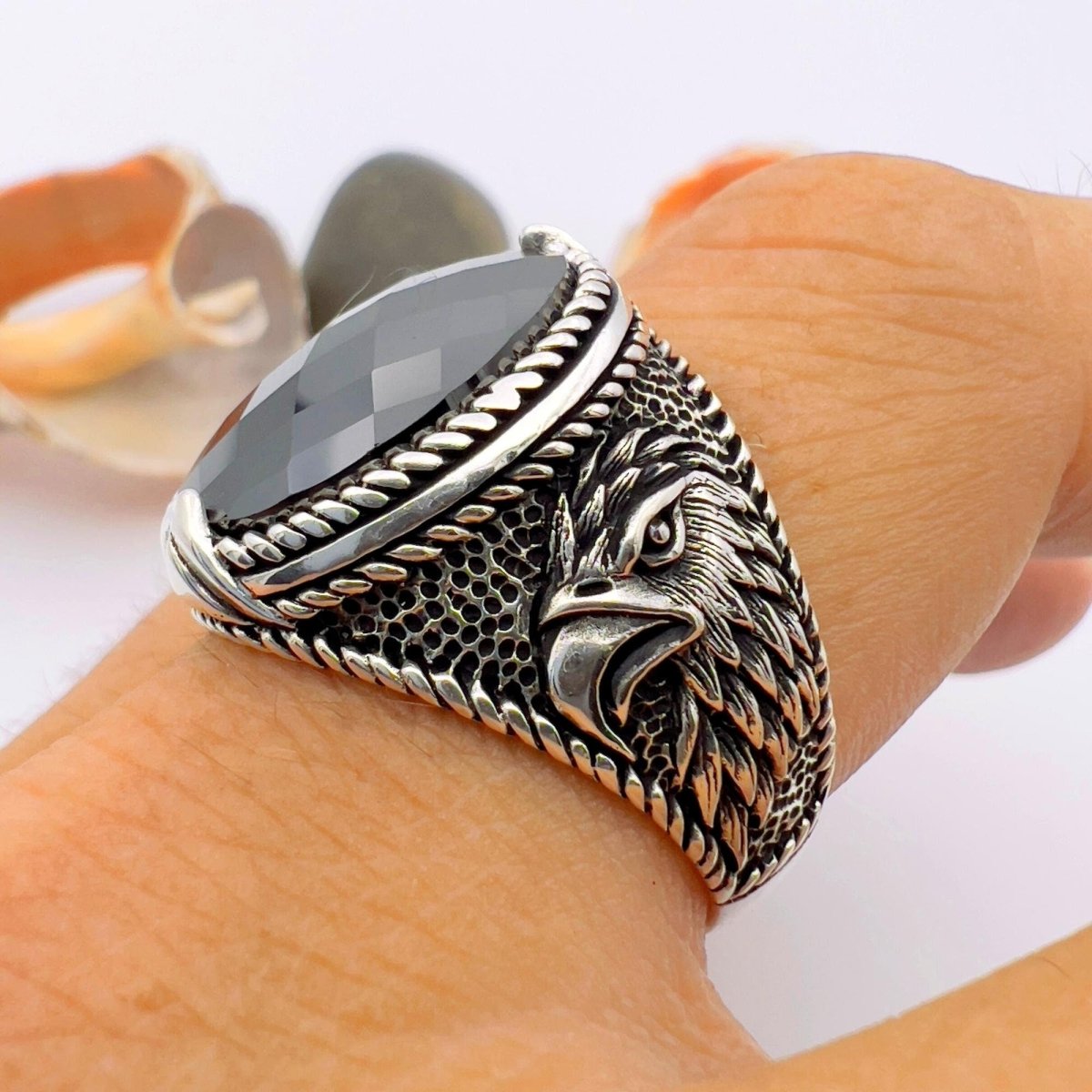 Eagle Detailed Men's Black Zircon Stone Silver Ring