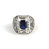 Premium 925 Sterling Silver Hand Engraved Men's Ring with Navy Stone