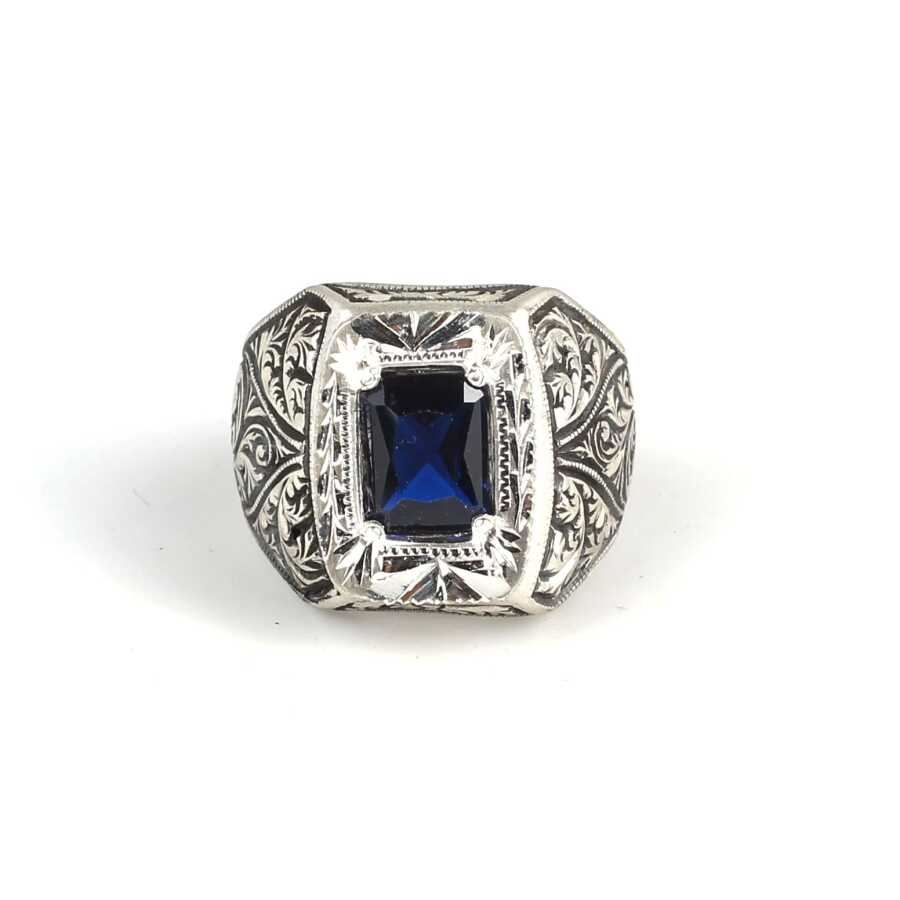 Premium 925 Sterling Silver Hand Engraved Men's Ring with Navy Stone