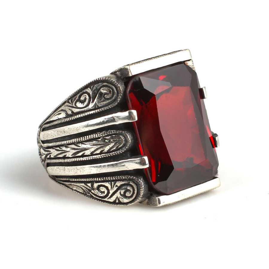 925 Sterling Silver Hand-Engraved Men's Ring with Rectangular Garnet