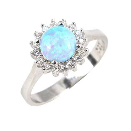 925 Sterling Silver Round Blue Opal & Zircon Halo Ring - Elegant Design