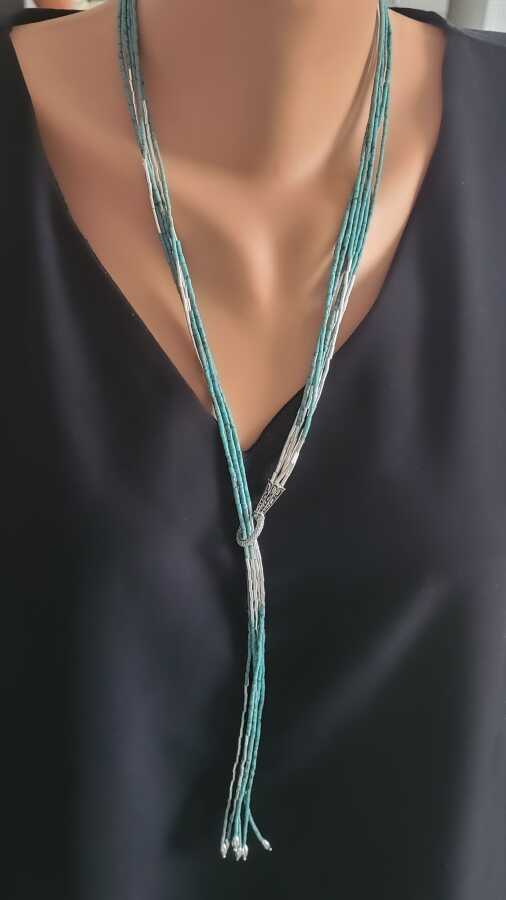 Sterling Silver Turquoise 6-Row Adjustable Necklace - Statement Piece