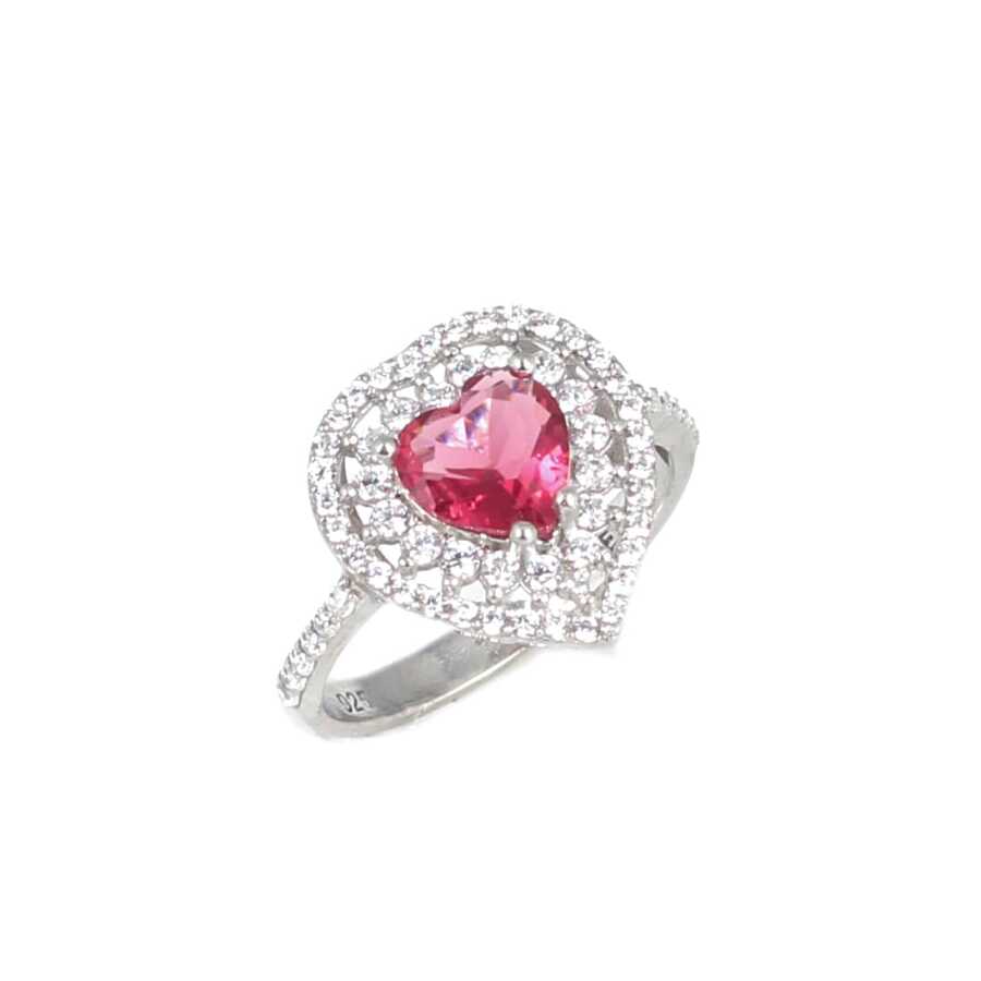 Sterling Silver Heart Ring with Ruby Zircon & White Zircon Halo