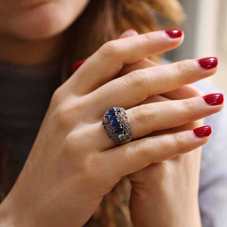 925 Sterling Silver Filigree Ring - Blue & White Zircon