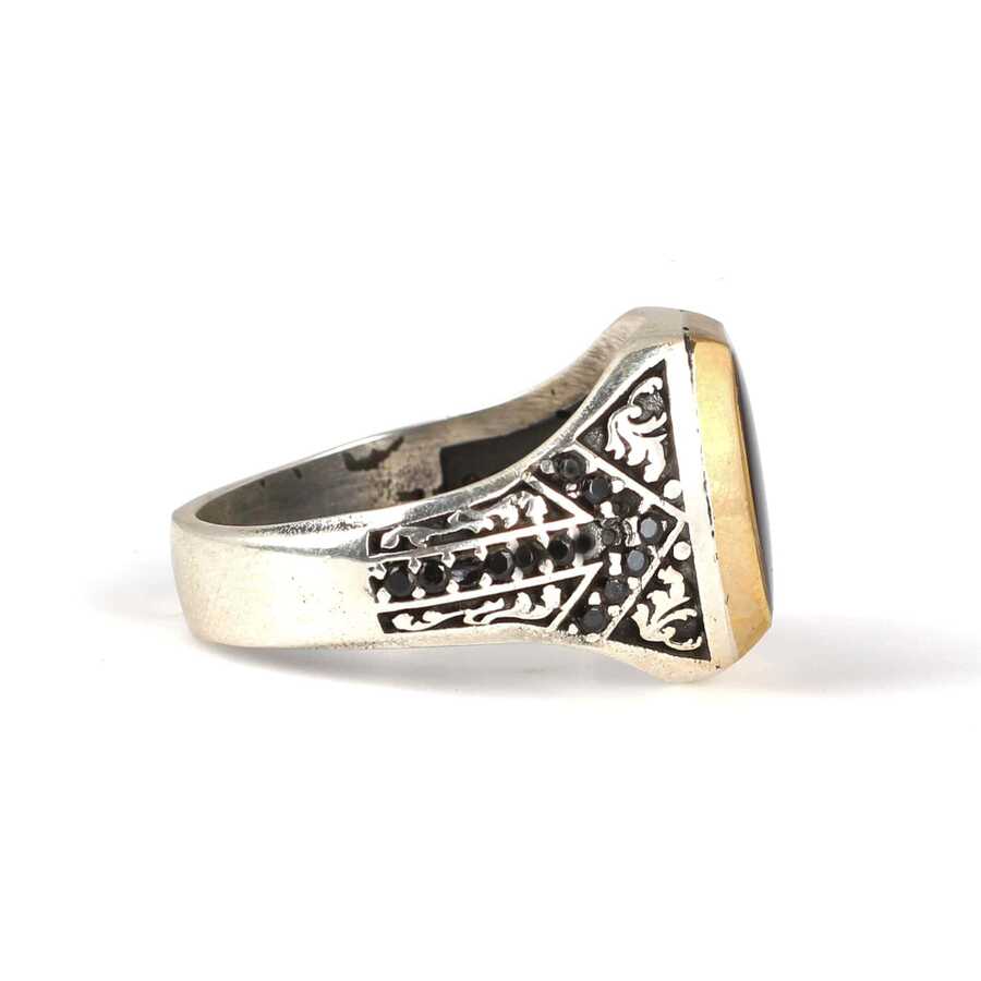 925 Sterling Silver Men's Ring - Black Enamel with Zircon Stones
