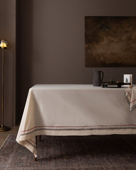 Ecru Red 100% Cotton Tablecloth - Everyday Dining & Kitchen Linen - TryAladdin