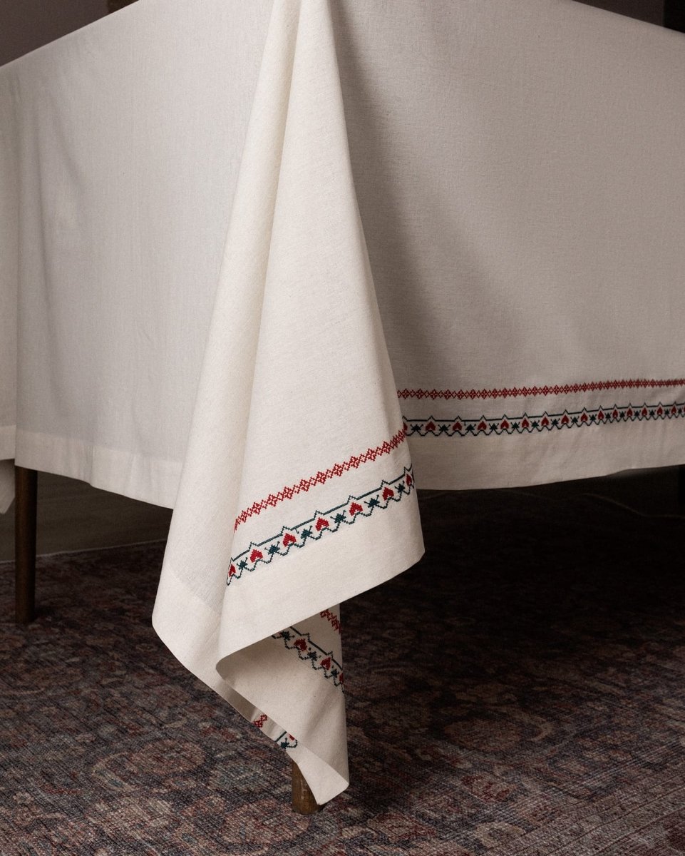 Ecru Red 100% Cotton Tablecloth - Everyday Dining & Kitchen Linen - TryAladdin
