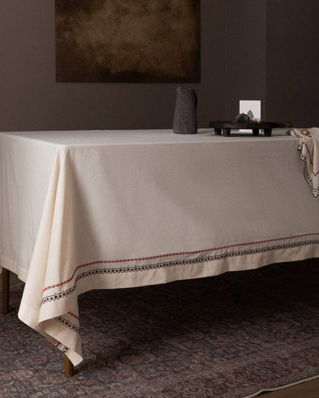 Ecru Red 100% Cotton Tablecloth - Everyday Dining & Kitchen Linen - TryAladdin
