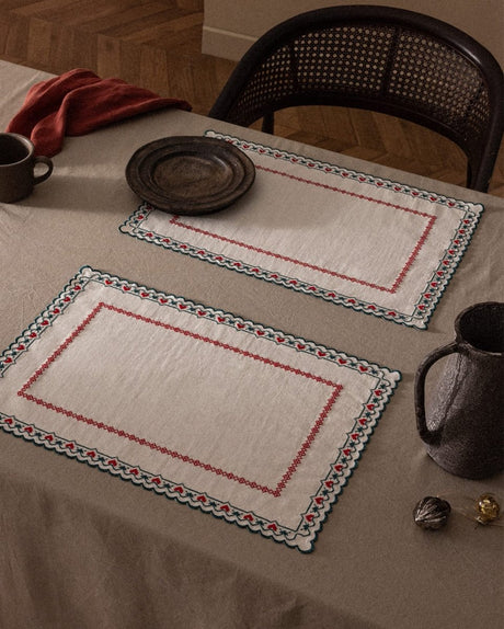 Ecru & Red Cotton Placemats - Set of 2 Reversible Dinner Mats - TryAladdin