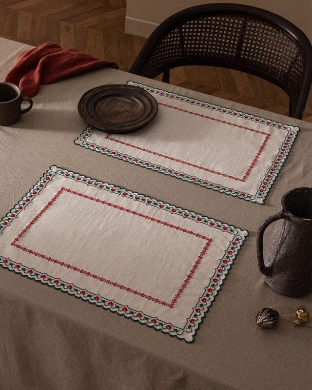 Ecru & Red Cotton Placemats - Set of 2 Reversible Dinner Mats - TryAladdin