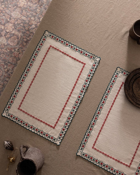 Ecru & Red Cotton Placemats - Set of 2 Reversible Dinner Mats - TryAladdin