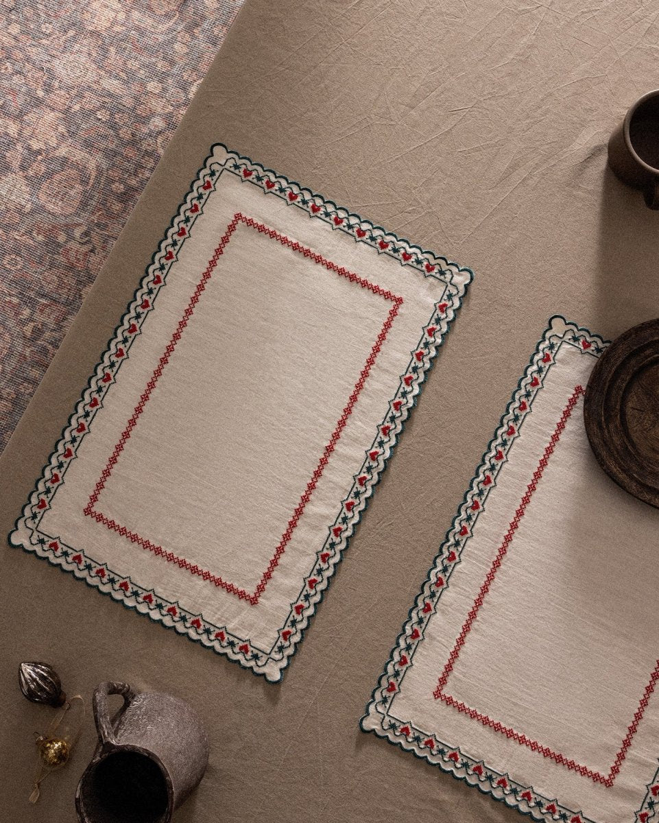 Ecru & Red Cotton Placemats - Set of 2 Reversible Dinner Mats - TryAladdin