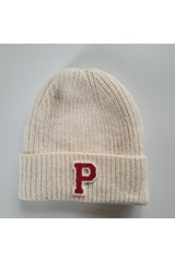 Ecru Ribbed Knit Wool Beanie with 'P' Letter - TryAladdin