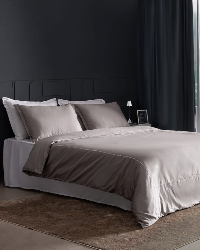 Laila Embroidered 100% Cotton Sateen Double Duvet Cover Set, Mink