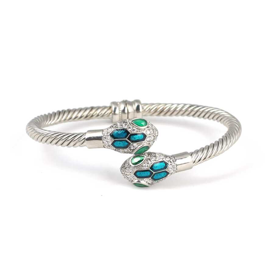 Premium Sterling Silver Green Stone Snake Head Twist Men's Bracelet