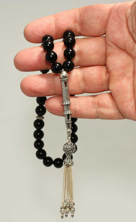 Premium Black Onyx Natural Stone Silver Prayer Beads