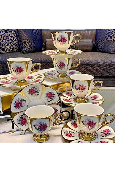 Elegant Kosova Style Footed Rose Turkish Coffee Cup Set - Premium Collection - TryAladdin