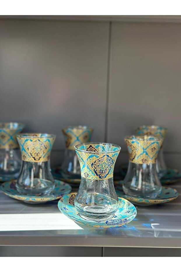 Elegant Patterned Turkish Slim - Waisted Tea Glass Set with Saucers - 6 - Piece - TryAladdin