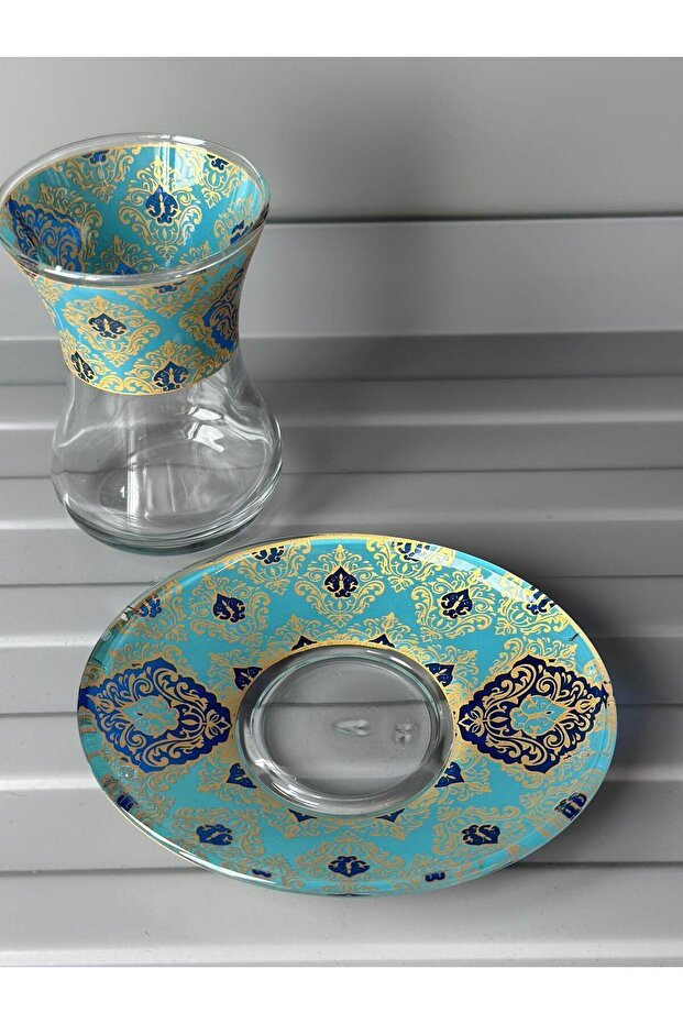 Elegant Patterned Turkish Slim - Waisted Tea Glass Set with Saucers - 6 - Piece - TryAladdin