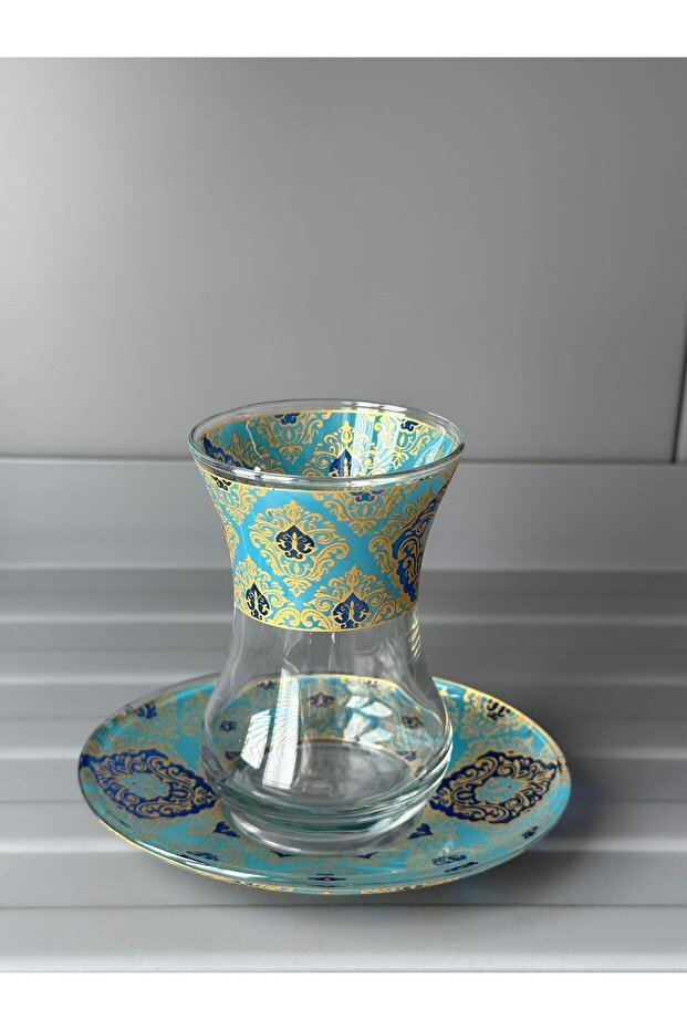 Elegant Patterned Turkish Slim - Waisted Tea Glass Set with Saucers - 6 - Piece - TryAladdin