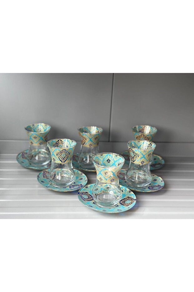 Elegant Patterned Turkish Slim - Waisted Tea Glass Set with Saucers - 6 - Piece - TryAladdin
