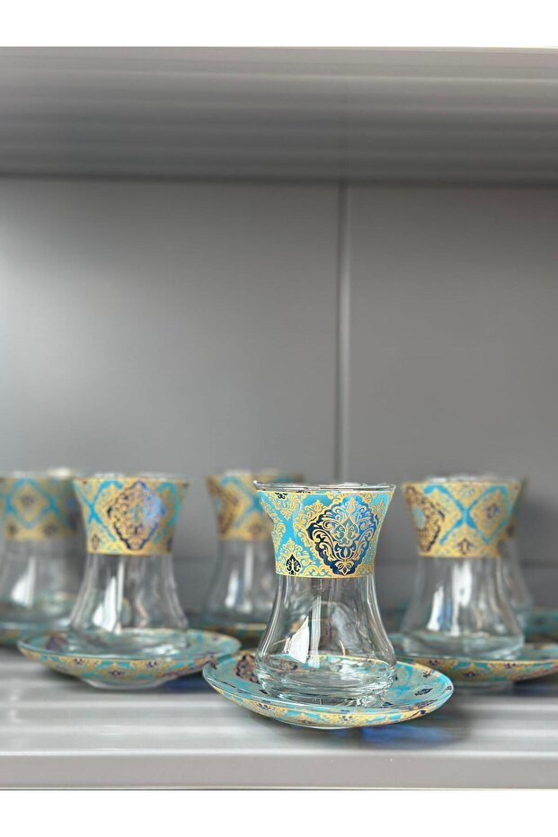 Elegant Patterned Turkish Slim - Waisted Tea Glass Set with Saucers - 6 - Piece - TryAladdin
