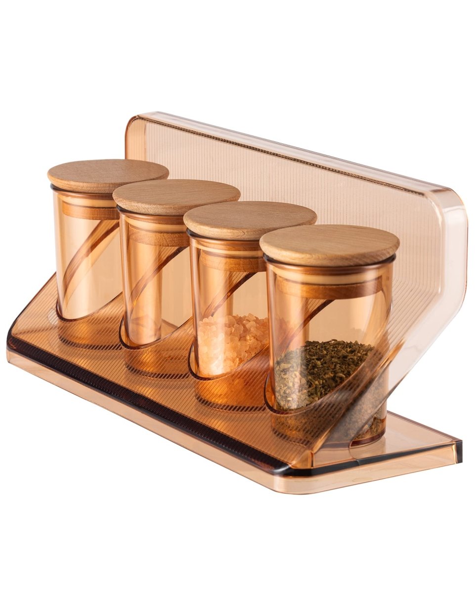 Elegant Plastic & Wood 4 - Piece Spice Set - Amber Jars - TryAladdin