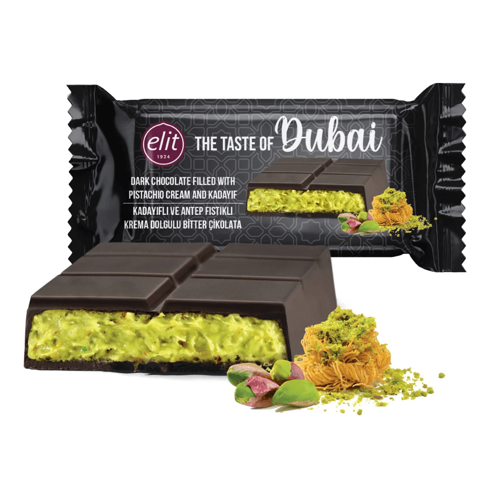 Elit Dubai 黑巧克力配开心果奶油和酥脆卡塔伊菲 - 90g