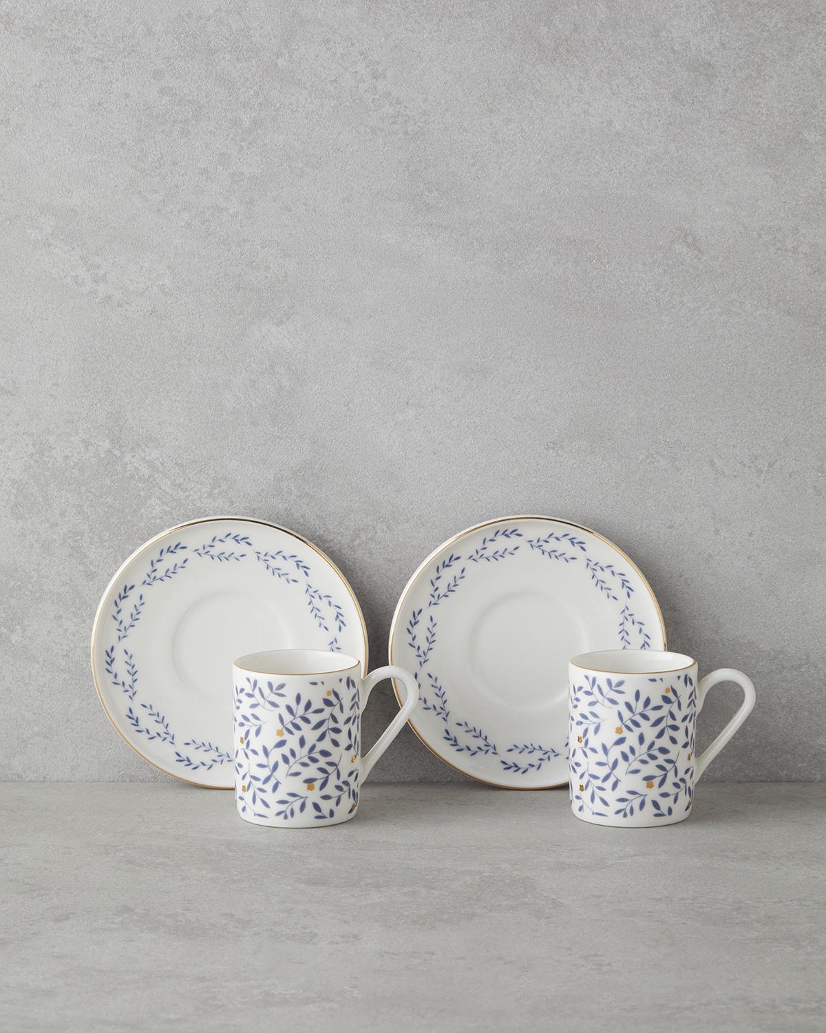 Premium Bone Porcelain 2 Person Coffee Cup Set 90ml Capacity Blue Gold Accent