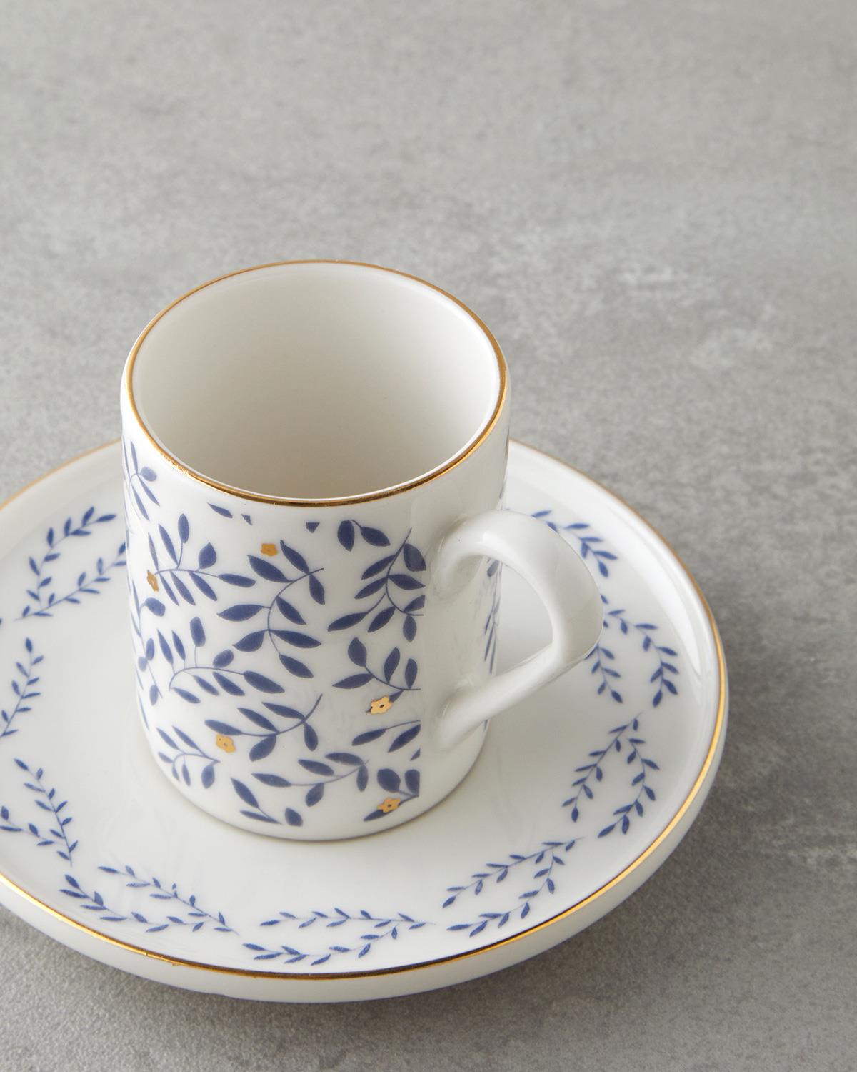 Premium Bone Porcelain 2 Person Coffee Cup Set 90ml Capacity Blue Gold Accent