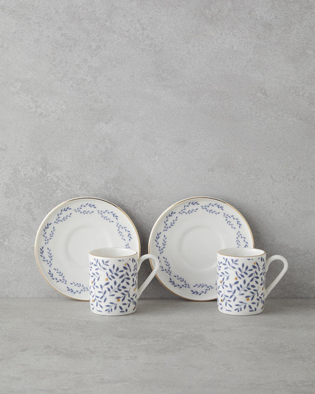 Premium Bone Porcelain 2 Person Coffee Cup Set 90ml Capacity Blue Gold Accent