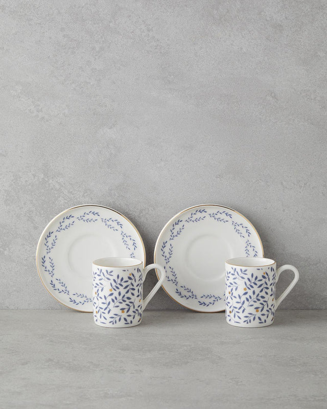 Premium Bone Porcelain 2 Person Coffee Cup Set 90ml Capacity Blue Gold Accent