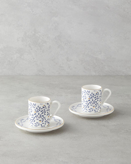 Premium Bone Porcelain 2 Person Coffee Cup Set 90ml Capacity Blue Gold Accent