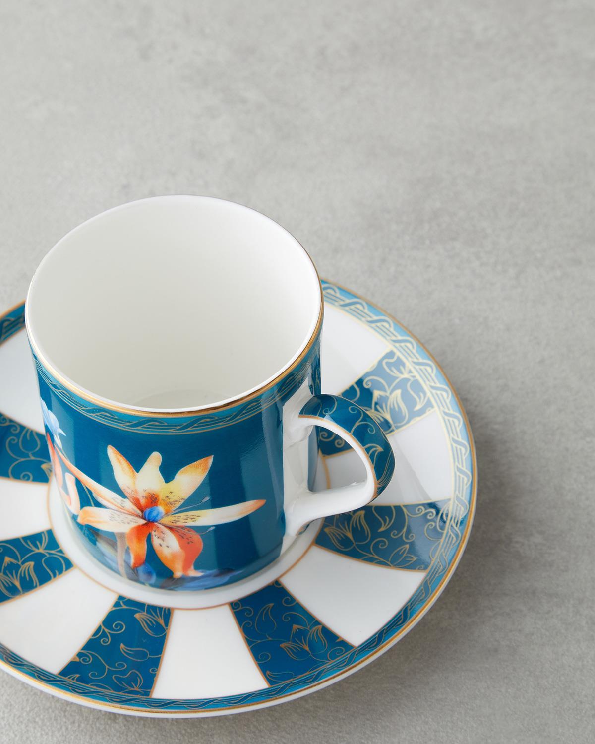 Premium New Bone China Espresso Cup Saucer Set 4 Piece Blue