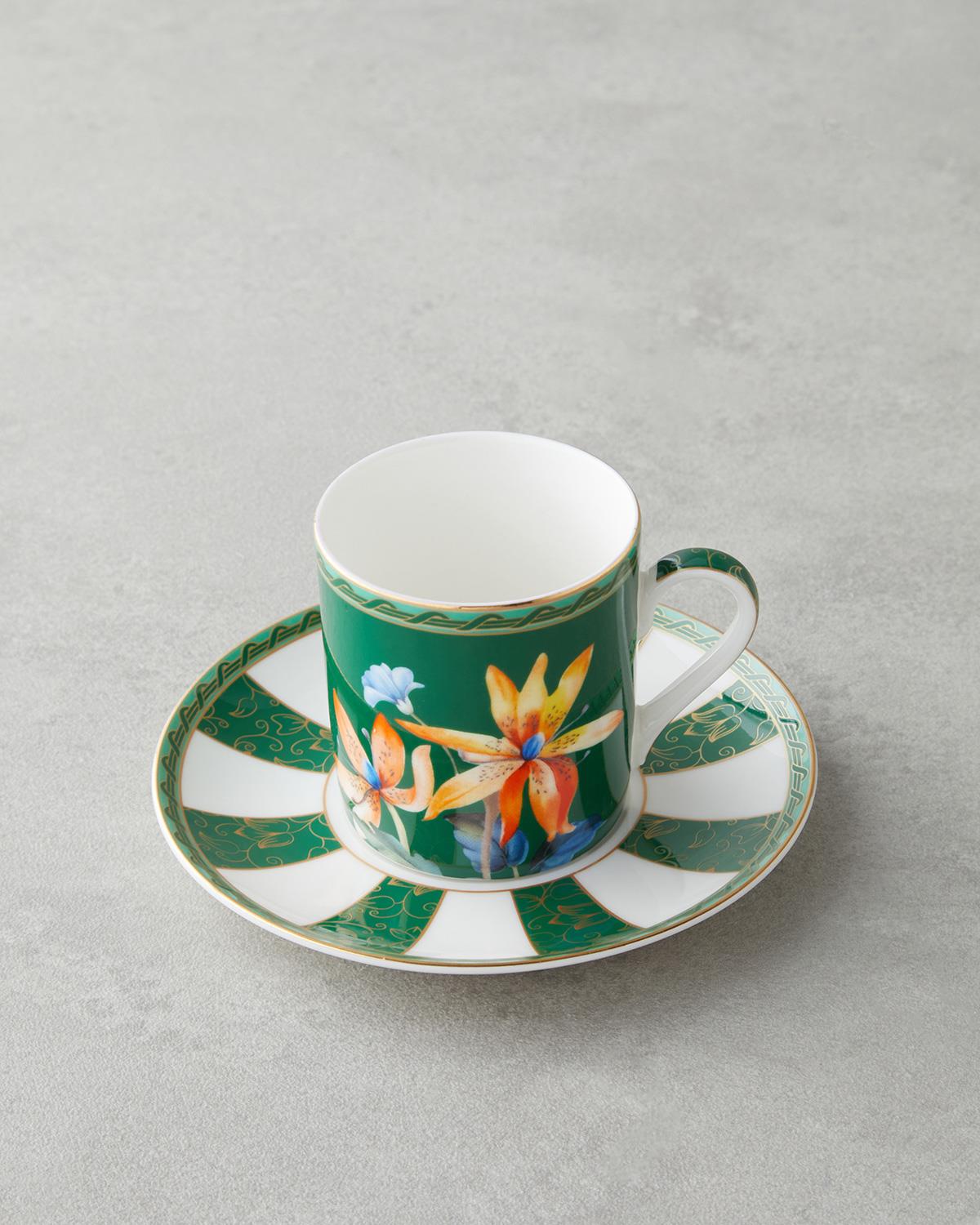 Premium New Bone China Coffee Cup Set 4 Piece Green Elegant