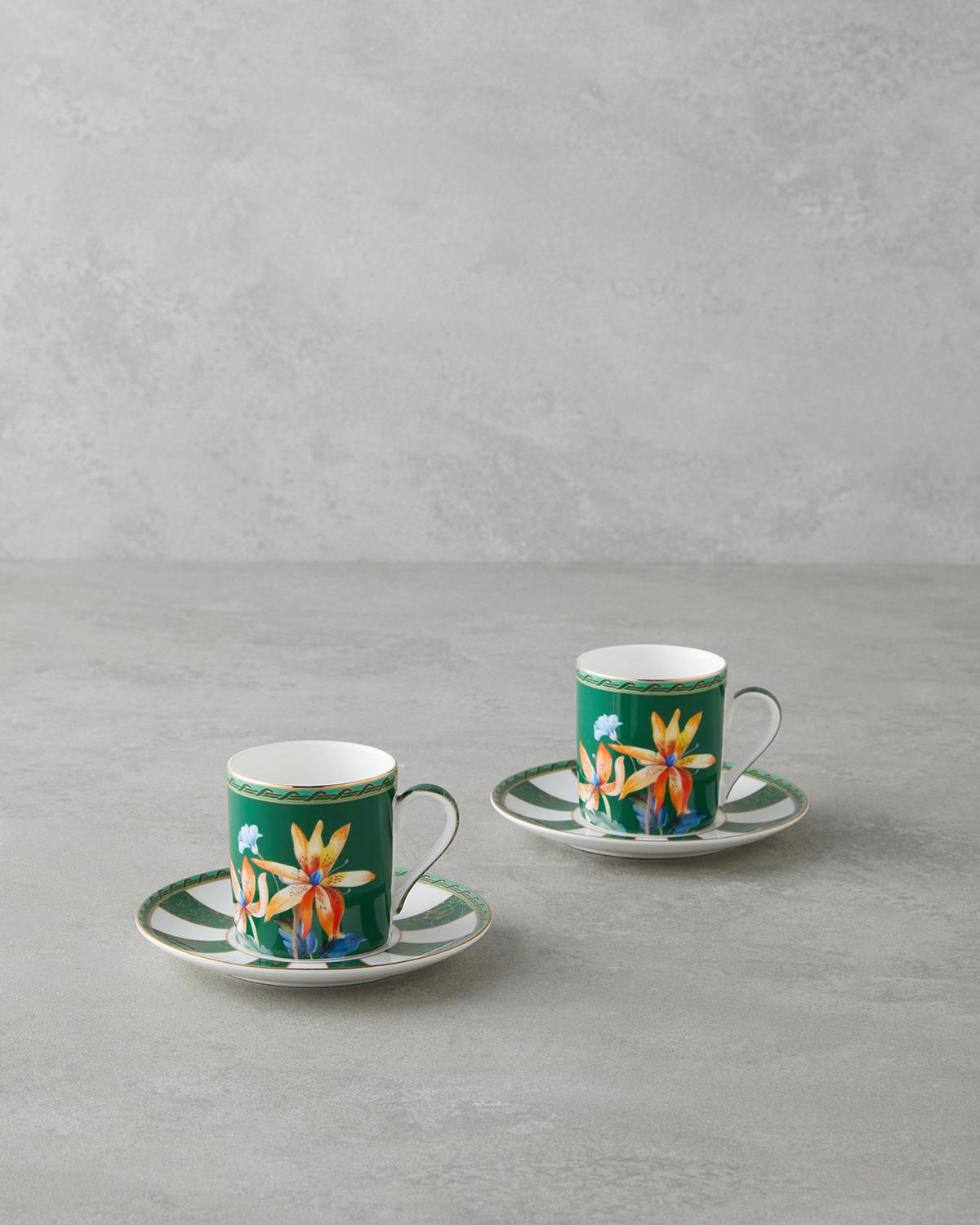Premium New Bone China Coffee Cup Set 4 Piece Green Elegant