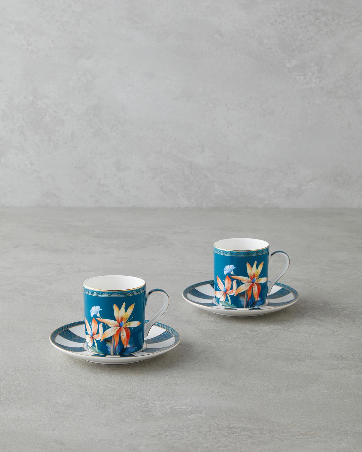 Premium New Bone China Espresso Cup Saucer Set 4 Piece Blue