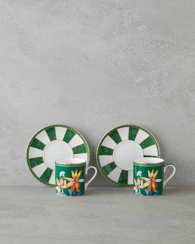 Premium New Bone China Coffee Cup Set 4 Piece Green Elegant