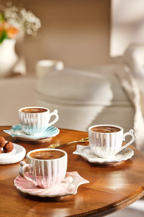 Emsan Premium Porcelain Turkish Coffee Cup Set - Pink Oyster Design - 2 - Cup 90ml Set - TryAladdin