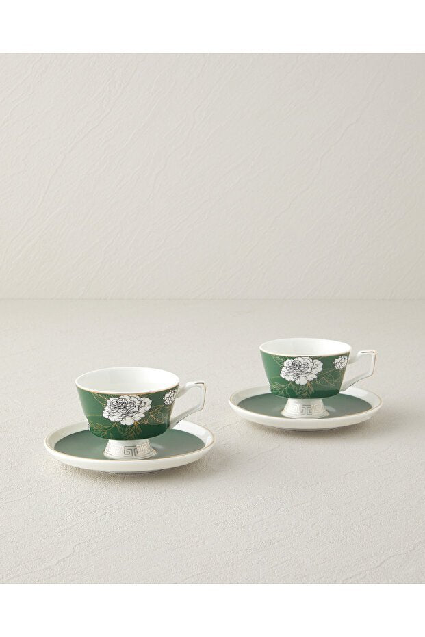 English Home Evelina Premium New Bone China Coffee Cup & Saucer Set - 4 Piece, 90ml Capacity, Dark Green - TryAladdin