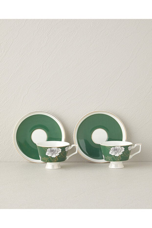 English Home Evelina Premium New Bone China Coffee Cup & Saucer Set - 4 Piece, 90ml Capacity, Dark Green - TryAladdin