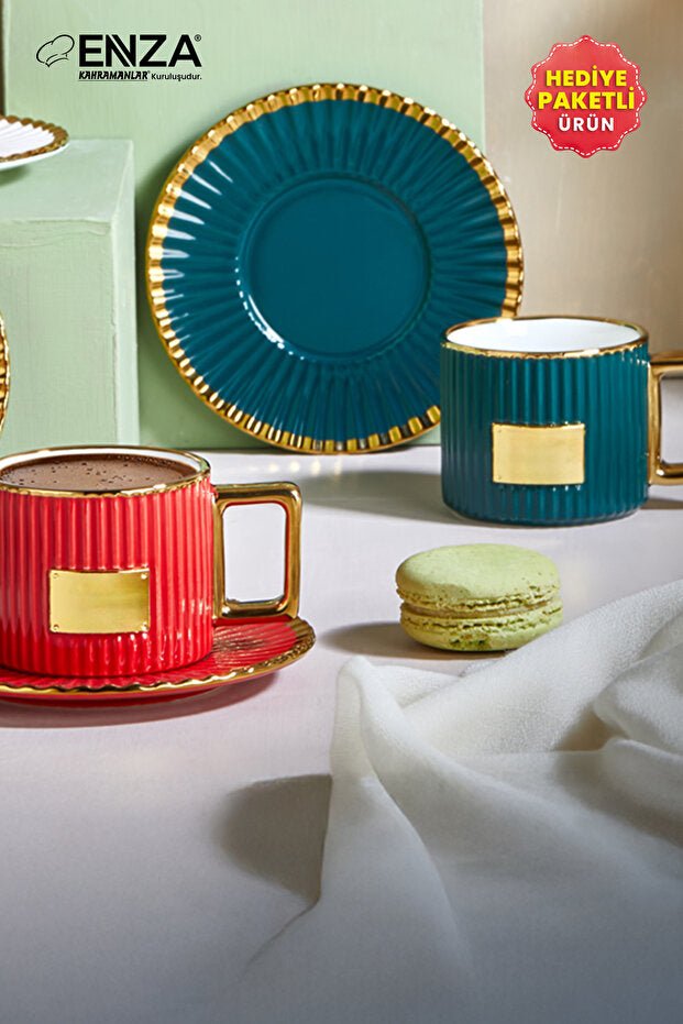 Enza Premium Colorful Porcelain Turkish Coffee Cup Set - 6 Count, 90ml Capacity - TryAladdin