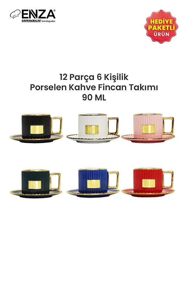Enza Premium Colorful Porcelain Turkish Coffee Cup Set - 6 Count, 90ml Capacity - TryAladdin