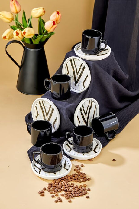 Erbaslar Professional 12 - Piece Black Marble Ceramic Turkish Coffee Cup Set - TryAladdin