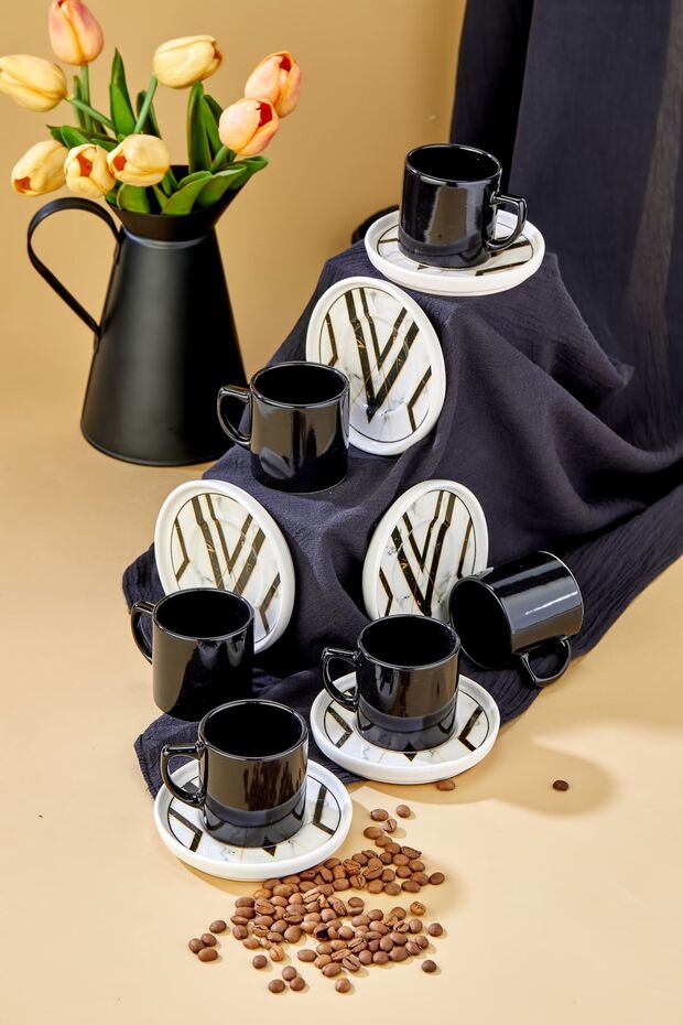 Erbaslar Professional 12 - Piece Black Marble Ceramic Turkish Coffee Cup Set - TryAladdin