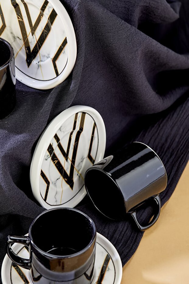 Erbaslar Professional 12 - Piece Black Marble Ceramic Turkish Coffee Cup Set - TryAladdin
