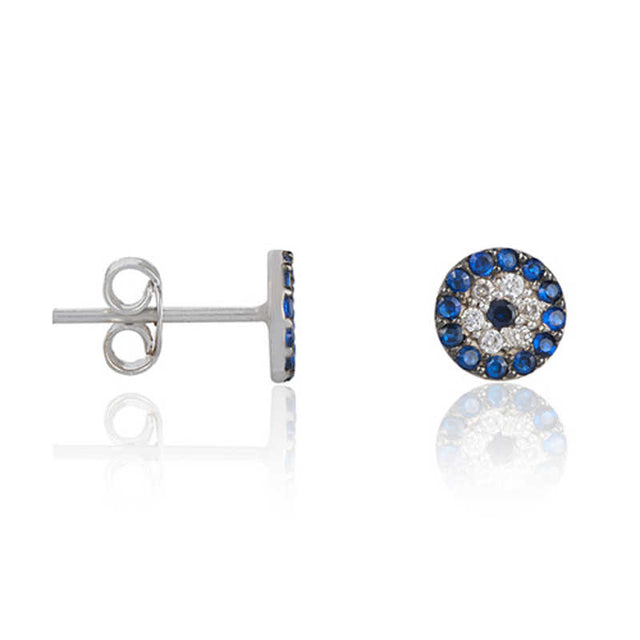Evil Eye Stud Earrings - Sterling Silver with Blue Zirconia